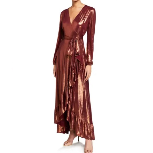 Wayf Dresses & Skirts - WAYF Women’s Meryl Long-Sleeve V Neck Metallic Wrap Long Sleeve Dress SZ XS NWT